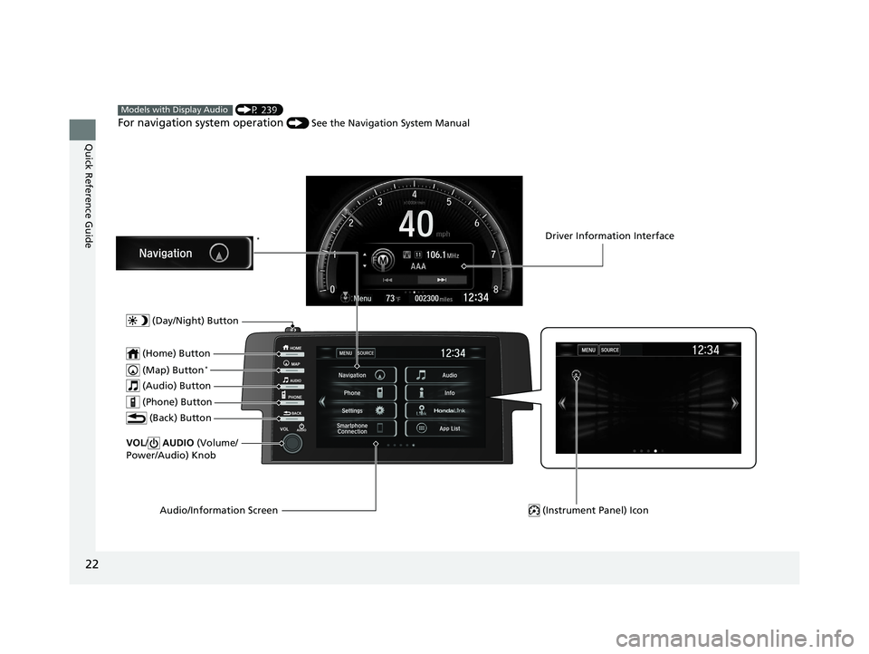 HONDA CIVIC SEDAN 2020   (in English) Owners Guide 22
Quick Reference Guide
 (P 239)
For navigation system operation () See the Navigation System Manual
Models with Display Audio
 (Map) Button*
VOL/ AUDIO  (Volume/
Power/Audio) Knob
 (Home) Button
 (B