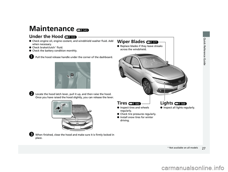 HONDA CIVIC SEDAN 2020  Owners Manual (in English) 27
Quick Reference Guide
Maintenance (P 543)
Under the Hood (P 553)
● Check engine oil, engine coolant, and windshield washer fluid. Add 
when necessary.
● Check brake/clutch
* fluid.
● Check th