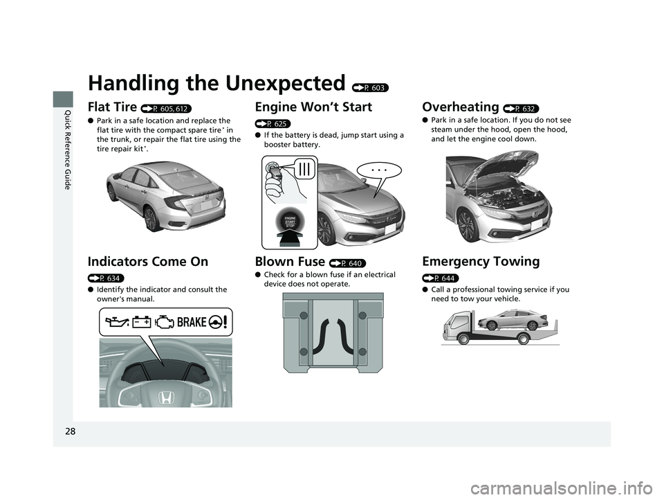 HONDA CIVIC SEDAN 2020  Owners Manual (in English) 28
Quick Reference Guide
Handling the Unexpected (P 603)
Flat Tire (P 605, 612)
● Park in a safe location and replace the 
flat tire with the compact spare tire
* in 
the trunk, or repair the flat t