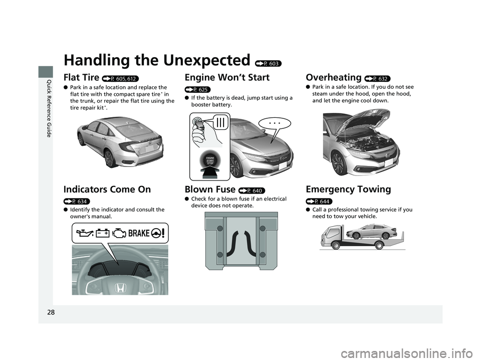 HONDA CIVIC SEDAN 2020   (in English) Owners Guide 28
Quick Reference Guide
Handling the Unexpected (P 603)
Flat Tire (P 605, 612)
● Park in a safe location and replace the 
flat tire with the compact spare tire
* in 
the trunk, or repair the flat t