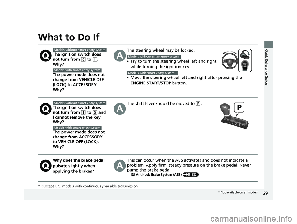 HONDA CIVIC SEDAN 2020  Owners Manual (in English) 29
Quick Reference Guide
What to Do If
*1:Except U.S. models with continuously variable transmission
The ignition switch does 
not turn from 
(0 to (q. 
Why?
The power mode does not 
change from VEHIC