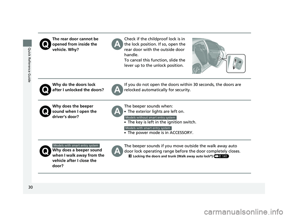 HONDA CIVIC SEDAN 2020  Owners Manual (in English) 30
Quick Reference Guide
The rear door cannot be 
opened from inside the 
vehicle. Why?Check if the childproof lock is in 
the lock position. If so, open the 
rear door with the outside door 
handle.
