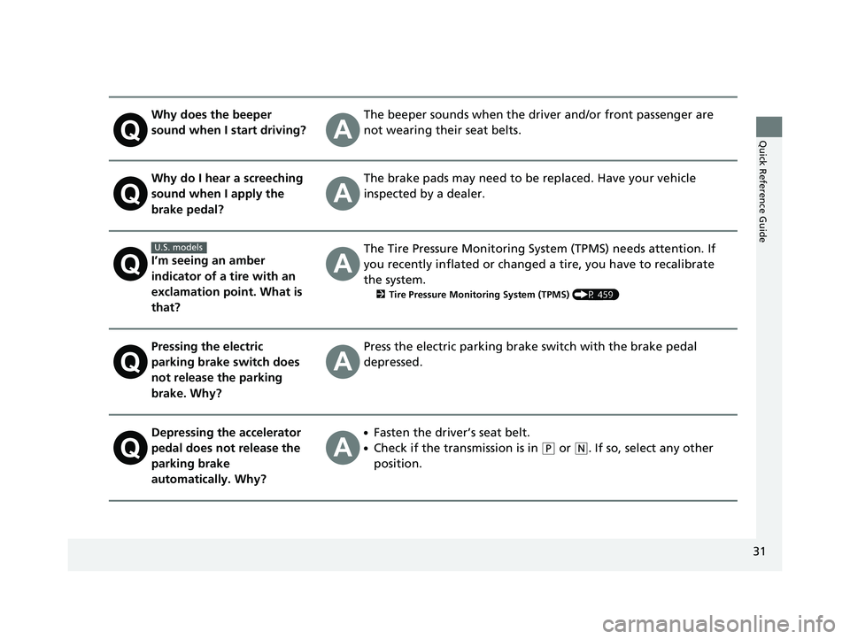 HONDA CIVIC SEDAN 2020  Owners Manual (in English) 31
Quick Reference Guide
Why does the beeper 
sound when I start driving?The beeper sounds when the driver and/or front passenger are 
not wearing their seat belts.
Why do I hear a screeching 
sound w