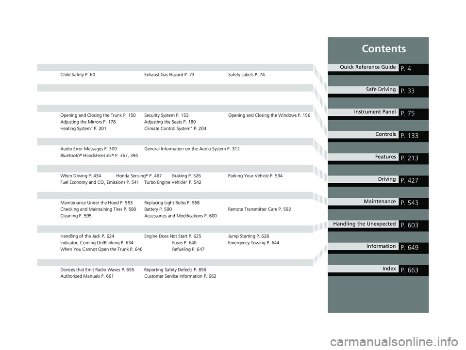 HONDA CIVIC SEDAN 2020 Owners Manual (in English) Contents
Child Safety P. 60Exhaust Gas Hazard P. 73Safety Labels P. 74
Opening and Closing the Trunk P. 150 Security System P. 153 Opening and Closing the Windows P. 156
Adjusting the Mirrors P. 178 A HONDA CIVIC SEDAN 2020 Owners Manual (in English) Contents
Child Safety P. 60Exhaust Gas Hazard P. 73Safety Labels P. 74
Opening and Closing the Trunk P. 150 Security System P. 153 Opening and Closing the Windows P. 156
Adjusting the Mirrors P. 178 A