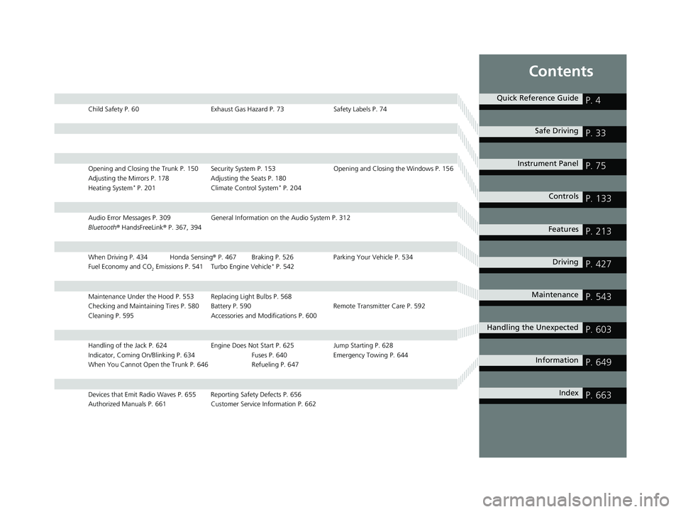 HONDA CIVIC SEDAN 2020  Owners Manual (in English) Contents
Child Safety P. 60Exhaust Gas Hazard P. 73Safety Labels P. 74
Opening and Closing the Trunk P. 150 Security System P. 153 Opening and Closing the Windows P. 156
Adjusting the Mirrors P. 178 A