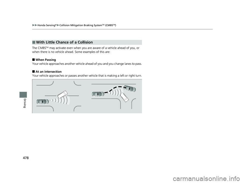 HONDA CIVIC SEDAN 2020 Owners Manual (in English) 478
uuHonda Sensing ®u Collision Mitigation Braking SystemTM (CMBSTM)
Driving
The CMBSTM may activate even when you are aw are of a vehicle ahead of you, or
when there is no vehicle ahead . Some exa HONDA CIVIC SEDAN 2020 Owners Manual (in English) 478
uuHonda Sensing ®u Collision Mitigation Braking SystemTM (CMBSTM)
Driving
The CMBSTM may activate even when you are aw are of a vehicle ahead of you, or
when there is no vehicle ahead . Some exa
