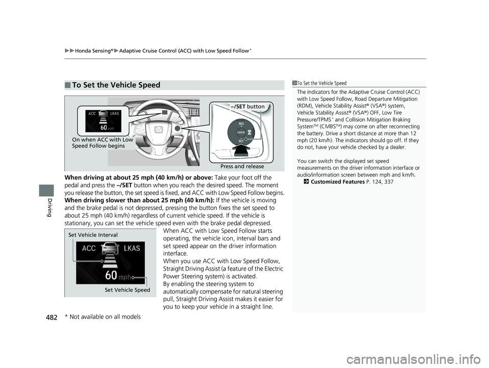HONDA CIVIC SEDAN 2020 Owners Manual (in English) uuHonda Sensing ®u Adaptive Cruise Control (ACC) with Low Speed Follow*
482
Driving
When driving at about 25 mph (40 km/h) or above: Take your foot off the
pedal and press the –/SET button when HONDA CIVIC SEDAN 2020 Owners Manual (in English) uuHonda Sensing ®u Adaptive Cruise Control (ACC) with Low Speed Follow*
482
Driving
When driving at about 25 mph (40 km/h) or above: Take your foot off the
pedal and press the –/SET button when