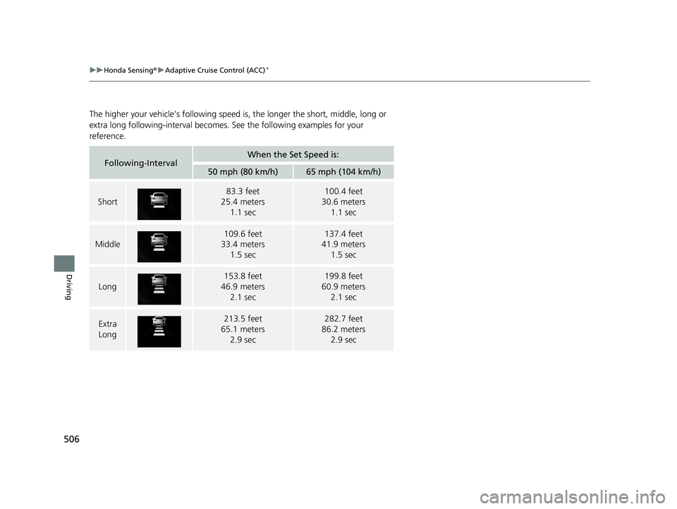 HONDA CIVIC SEDAN 2020 Owners Manual (in English) 506
uuHonda Sensing ®u Adaptive Cruise Control (ACC)*
Driving
The higher your vehicle’s following speed is, the longer the short, middle, long or
extra long following-interval becomes. See the fol HONDA CIVIC SEDAN 2020 Owners Manual (in English) 506
uuHonda Sensing ®u Adaptive Cruise Control (ACC)*
Driving
The higher your vehicle’s following speed is, the longer the short, middle, long or
extra long following-interval becomes. See the fol