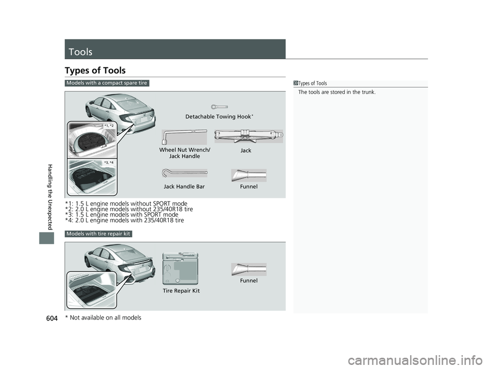 HONDA CIVIC SEDAN 2020  Owners Manual (in English) 604
Handling the Unexpected
Tools
Types of Tools
*1: 1.5 L engine models without SPORT mode
*2: 2.0 L engine models without 235/40R18 tire
*3: 1.5 L engine models with SPORT mode
*4: 2.0 L engine mode