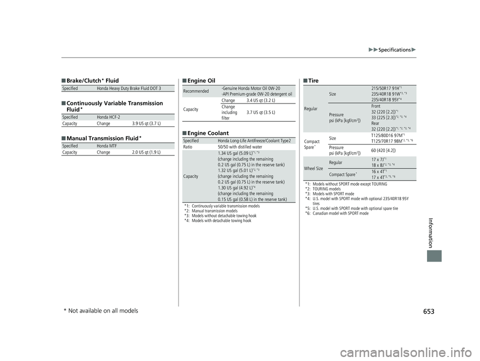 HONDA CIVIC SEDAN 2020   (in English) User Guide 653
uuSpecifications u
Information
■Brake/Clutch* Fluid
■ Continuously Variable Transmission 
Fluid
*
■Manual Transmission Fluid*
SpecifiedHonda Heavy Duty Brake Fluid DOT 3
SpecifiedHonda HCF-2