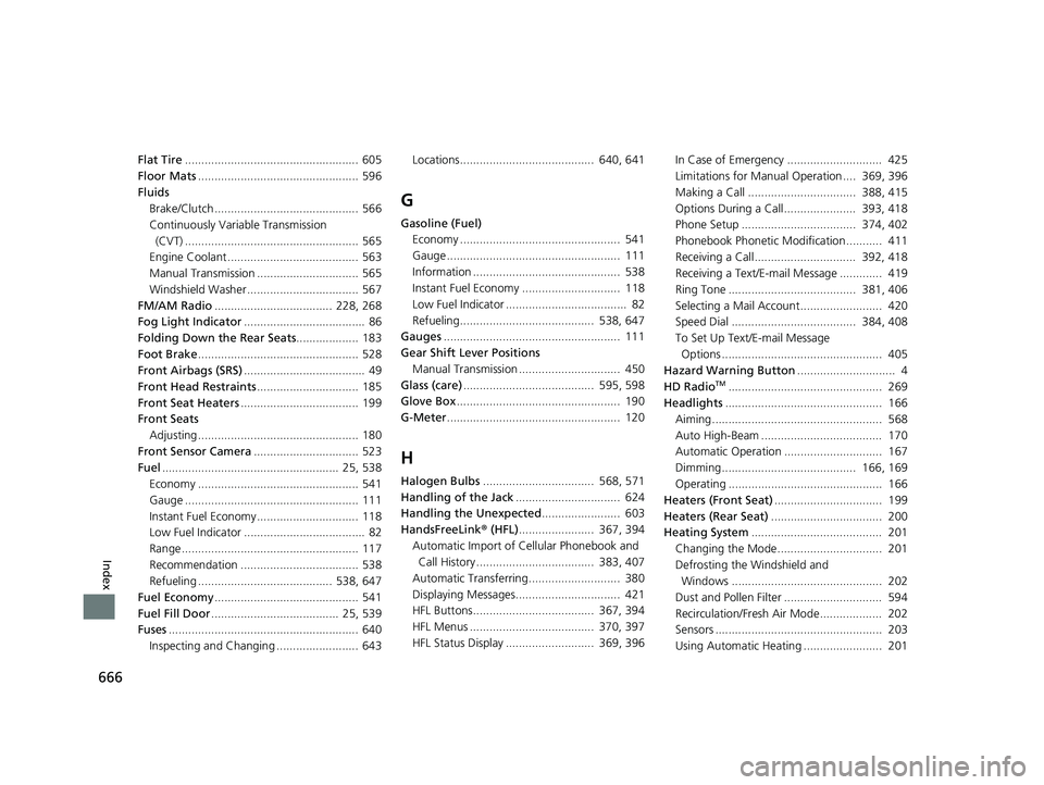 HONDA CIVIC SEDAN 2020  Owners Manual (in English) 666
Index
Flat Tire..................................................... 605
Floor Mats ................................................. 596
Fluids Brake/Clutch ......................................