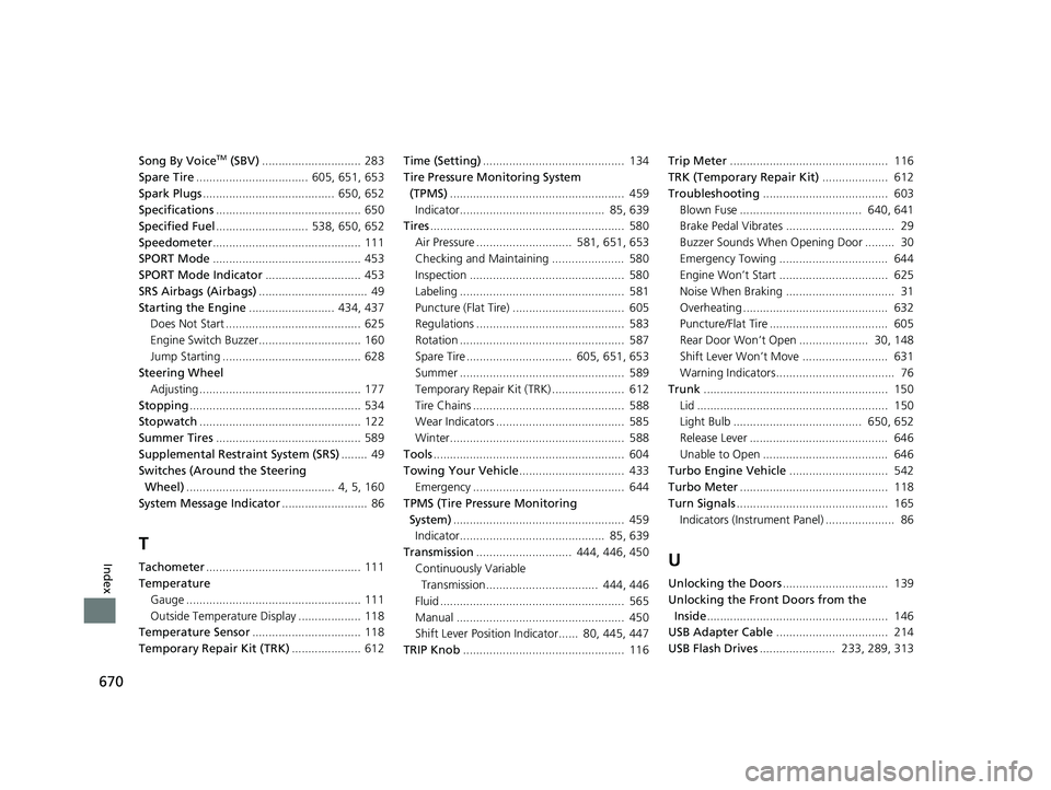 HONDA CIVIC SEDAN 2020 Owners Manual (in English) 670
Index
Song By VoiceTM (SBV).............................. 283
Spare Tire .................................. 605, 651, 653
Spark Plugs ........................................ 650, 652
Specificat HONDA CIVIC SEDAN 2020 Owners Manual (in English) 670
Index
Song By VoiceTM (SBV).............................. 283
Spare Tire .................................. 605, 651, 653
Spark Plugs ........................................ 650, 652
Specificat