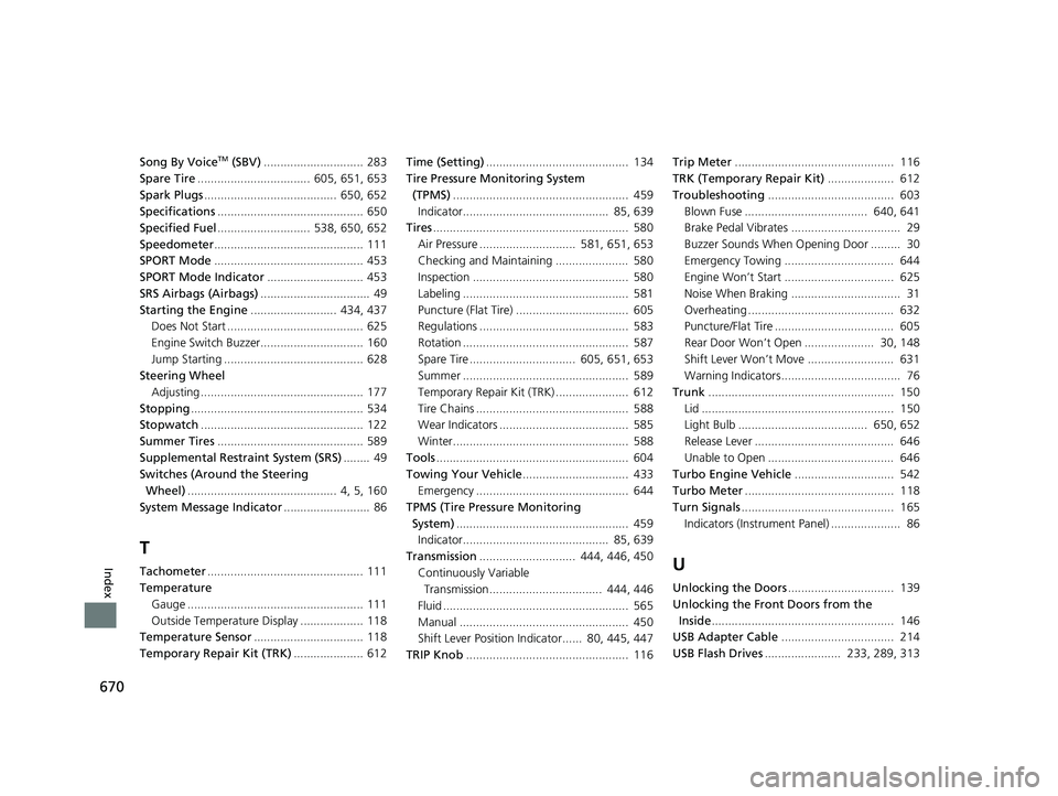 HONDA CIVIC SEDAN 2020  Owners Manual (in English) 670
Index
Song By VoiceTM (SBV).............................. 283
Spare Tire ..................................  605, 651, 653
Spark Plugs ........................................  650, 652
Specificat