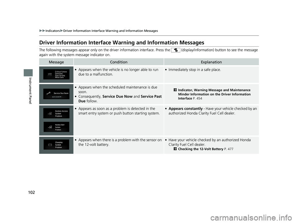 HONDA CLARITY FUEL CELL 2020 Owners Manual (in English) 102
uuIndicators uDriver Information Interface Wa rning and Information Messages
Instrument Panel
Driver Information Interface Warning and Information Messages
The following messages appear only on t HONDA CLARITY FUEL CELL 2020 Owners Manual (in English) 102
uuIndicators uDriver Information Interface Wa rning and Information Messages
Instrument Panel
Driver Information Interface Warning and Information Messages
The following messages appear only on t