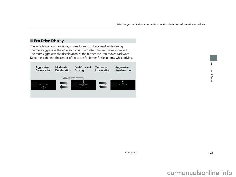 HONDA CLARITY FUEL CELL 2020   (in English) User Guide 125
uuGauges and Driver Information Interface uDriver Information Interface
Continued
Instrument Panel
The vehicle icon on the display moves forward or backward while driving.
The more aggressive the 