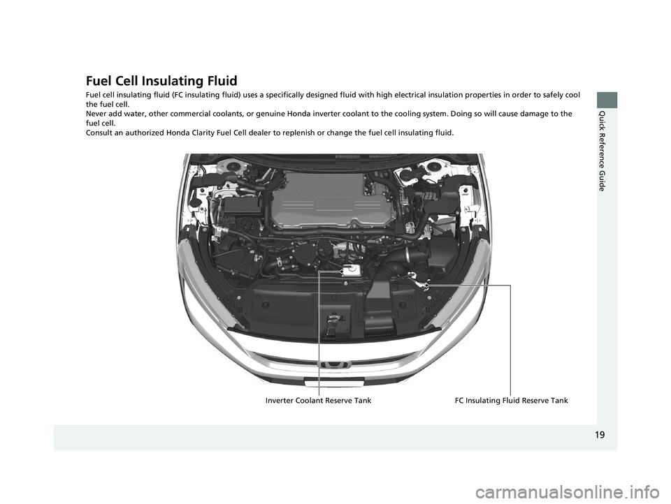 HONDA CLARITY FUEL CELL 2020   (in English) Owners Guide 19
Quick Reference Guide
Fuel Cell Insulating Fluid
Fuel cell insulating fluid (FC insulating fluid) uses a specifically designed fluid with high electrical insulation properties in order to safely co