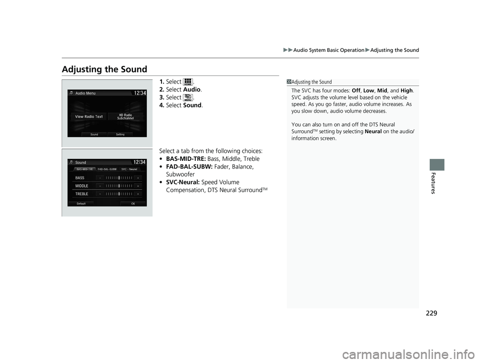 HONDA CLARITY FUEL CELL 2020 Owners Manual (in English) 229
uuAudio System Basic Operation uAdjusting the Sound
Features
Adjusting the Sound
1. Select .
2. Select Audio .
3. Select .
4. Select Sound .
Select a tab from the following choices:
• BAS-MID- HONDA CLARITY FUEL CELL 2020 Owners Manual (in English) 229
uuAudio System Basic Operation uAdjusting the Sound
Features
Adjusting the Sound
1. Select .
2. Select Audio .
3. Select .
4. Select Sound .
Select a tab from the following choices:
• BAS-MID-