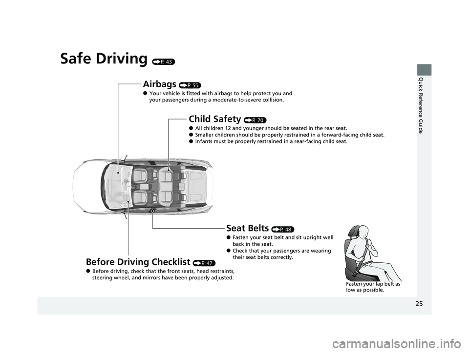 HONDA CLARITY FUEL CELL 2020  Owners Manual (in English) 25
Quick Reference Guide
Safe Driving (P 43)
Airbags (P 55)
●Your vehicle is fitted with airbags to help protect you and 
your passengers during a moderate-to-severe collision.
Child Safety (P 70)
�