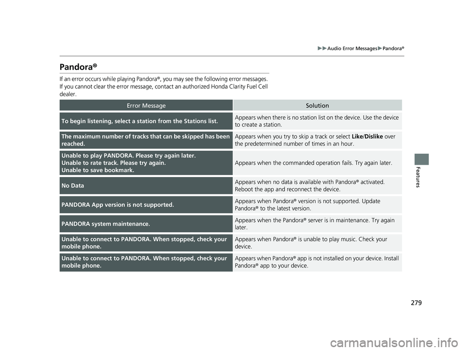 HONDA CLARITY FUEL CELL 2020  Owners Manual (in English) 279
uuAudio Error Messages uPandora ®
Features
Pandora ®
If an error occurs while playing Pandora ®, you may see the following error messages. 
If you cannot clear the error message, contac t an au