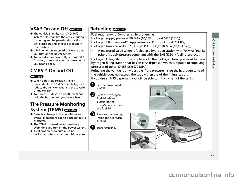 HONDA CLARITY FUEL CELL 2020  Owners Manual (in English) 35
Quick Reference Guide
VSA® On and Off (P 414)
●The Vehicle Stability AssistTM (VSA ®) 
system helps stabilize the vehicle during 
cornering and helps maintain traction 
while accelerating on lo