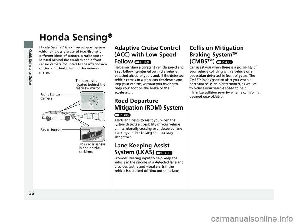 HONDA CLARITY FUEL CELL 2020   (in English) Owners Guide 36
Quick Reference Guide
Honda Sensing®
Honda Sensing® is a driver support system 
which employs the use of two distinctly 
different kinds of sensors, a radar sensor 
located behind the emblem and 