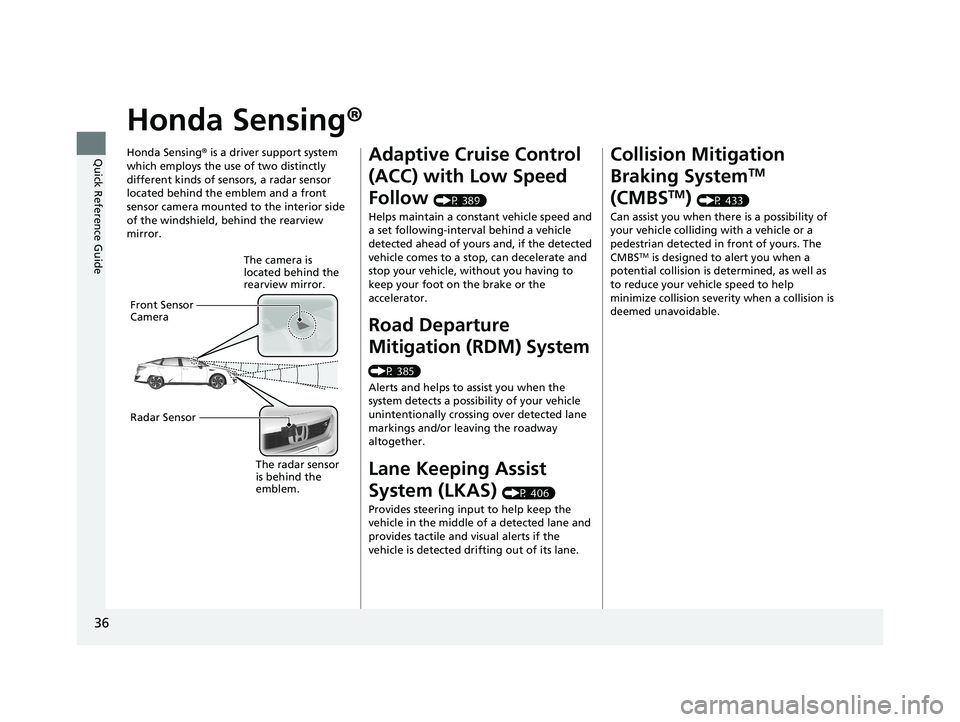 HONDA CLARITY FUEL CELL 2020  Owners Manual (in English) 36
Quick Reference Guide
Honda Sensing®
Honda Sensing® is a driver support system 
which employs the use of two distinctly 
different kinds of sensors, a radar sensor 
located behind the emblem and 