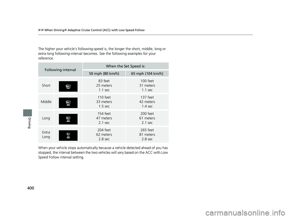 HONDA CLARITY FUEL CELL 2020 Owners Manual (in English) 400
uuWhen Driving uAdaptive Cruise Control (ACC) with Low Speed Follow
Driving
The higher your vehicle’s following-speed is, the longer the short, middle, long or
extra long following-interval be HONDA CLARITY FUEL CELL 2020 Owners Manual (in English) 400
uuWhen Driving uAdaptive Cruise Control (ACC) with Low Speed Follow
Driving
The higher your vehicle’s following-speed is, the longer the short, middle, long or
extra long following-interval be