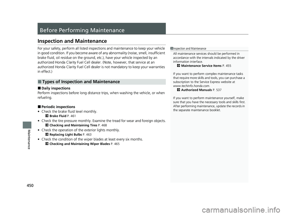 HONDA CLARITY FUEL CELL 2020   (in English) User Guide 450
Maintenance
Before Performing Maintenance
Inspection and Maintenance
For your safety, perform all listed inspections and maintenance to keep your vehicle 
in good condition. If you become aware of