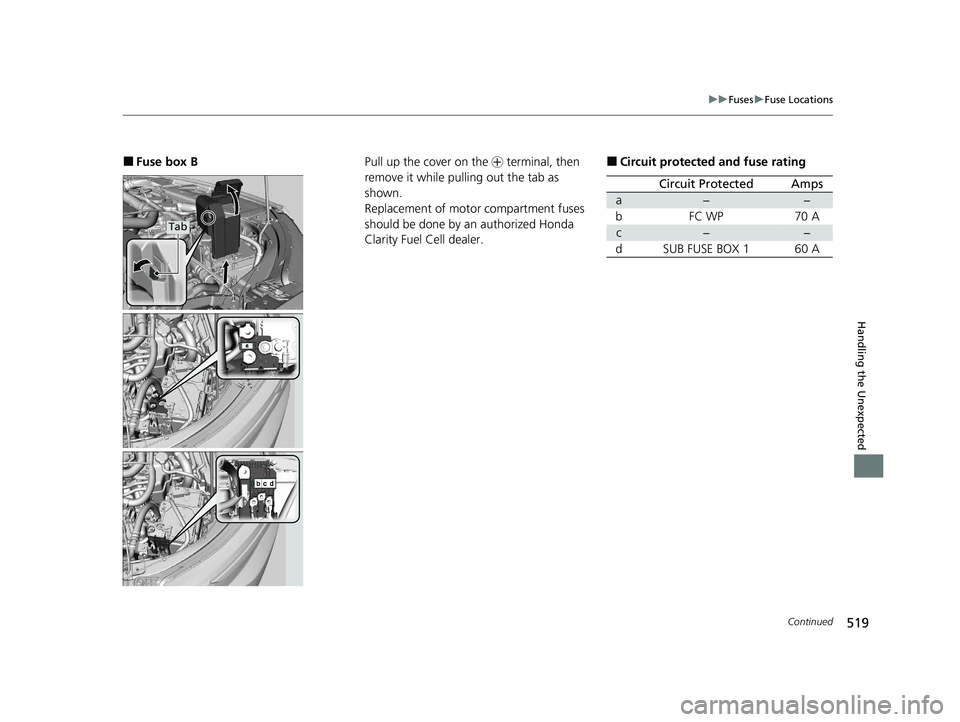 HONDA CLARITY FUEL CELL 2020  Owners Manual (in English) 519
uuFuses uFuse Locations
Continued
Handling the Unexpected
■Fuse box B
Tab
Pull up the cover on the  + terminal, then 
remove it while pulling out the tab as 
shown.
Replacement of motor compartm