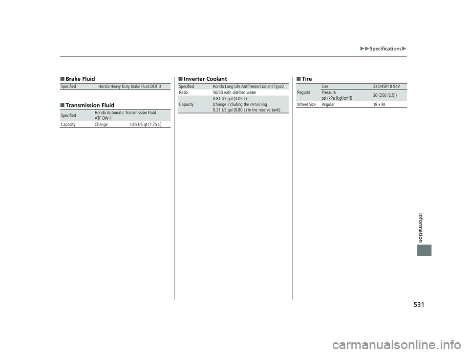 HONDA CLARITY FUEL CELL 2020   (in English) User Guide 531
uuSpecifications u
Information
■
Brake Fluid
■ Transmissi on Fluid
SpecifiedHonda Heavy Duty Brake Fluid DOT 3
SpecifiedHonda Automatic Transmission Fluid
ATF DW-1
Capacity Change 1.85 US qt (