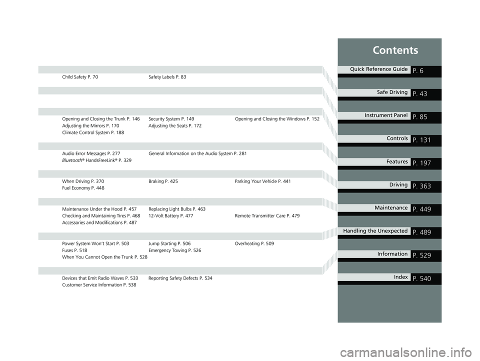 HONDA CLARITY FUEL CELL 2020  Owners Manual (in English) Contents
Child Safety P. 70Safety Labels P. 83
Opening and Closing the Trunk P. 146 Security System P. 149 Opening and Closing the Windows P. 152
Adjusting the Mirrors P. 170 Adjusting the Seats P. 17