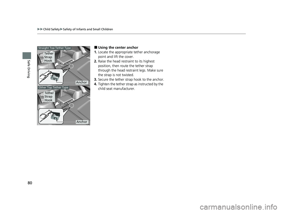 HONDA CLARITY FUEL CELL 2020   (in English) Manual Online 80
uuChild Safety uSafety of Infants and Small Children
Safe Driving
■Using the center anchor
1. Locate the appropriate tether anchorage 
point and lift the cover.
2. Raise the head restraint to its