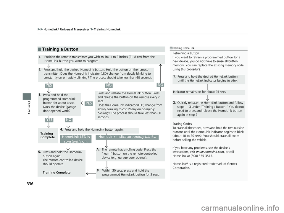HONDA CLARITY PLUG-IN 2020 Owners Manual (in English) uuHomeLink ® Universal Transceiver*u Training HomeLink
336
Features
■Training a Button1Training HomeLink
Retraining a Button
If you want to retrain a programmed button for a
new device, you do no HONDA CLARITY PLUG-IN 2020 Owners Manual (in English) uuHomeLink ® Universal Transceiver*u Training HomeLink
336
Features
■Training a Button1Training HomeLink
Retraining a Button
If you want to retrain a programmed button for a
new device, you do no