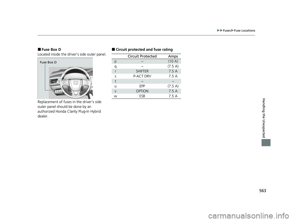 HONDA CLARITY PLUG-IN 2020 Owners Manual (in English) 563
uuFuses uFuse Locations
Handling the Unexpected
■Fuse Box D
Located inside the driver’s side outer panel.
Replacement of fuses in the driver’s side
outer panel should be done by an
authori HONDA CLARITY PLUG-IN 2020 Owners Manual (in English) 563
uuFuses uFuse Locations
Handling the Unexpected
■Fuse Box D
Located inside the driver’s side outer panel.
Replacement of fuses in the driver’s side
outer panel should be done by an
authori