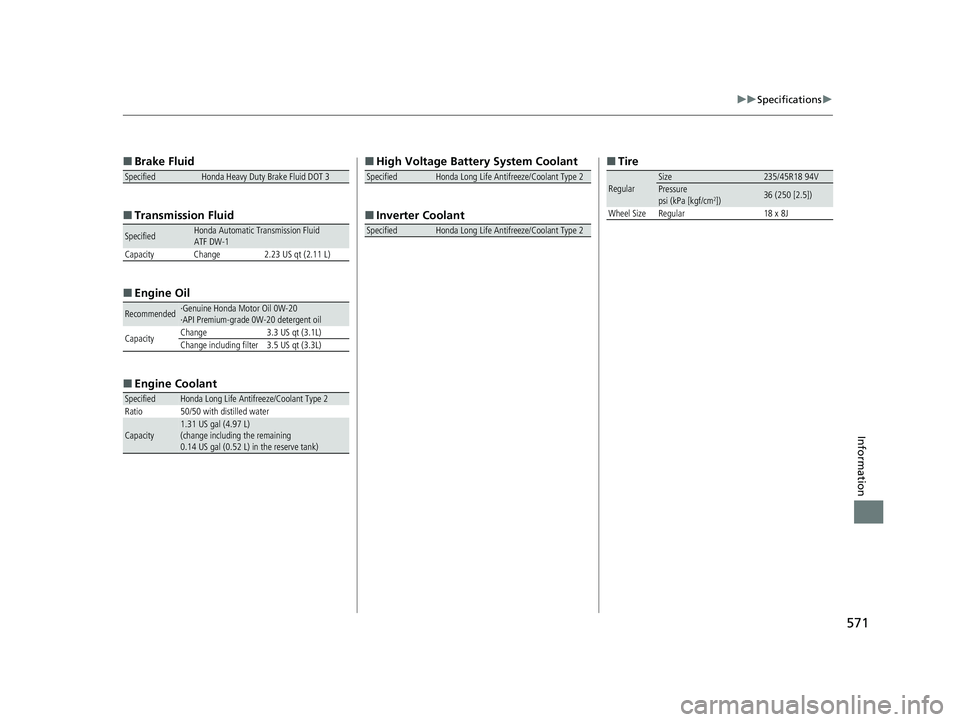 HONDA CLARITY PLUG-IN 2020 Owners Manual (in English) 571
uuSpecifications u
Information
■
Brake Fluid
■ Transmissi on Fluid
■ Engine Oil
■ Engine Coolant
SpecifiedHonda Heavy Duty Brake Fluid DOT 3
SpecifiedHonda Automatic Transmission Fluid
ATF HONDA CLARITY PLUG-IN 2020 Owners Manual (in English) 571
uuSpecifications u
Information
■
Brake Fluid
■ Transmissi on Fluid
■ Engine Oil
■ Engine Coolant
SpecifiedHonda Heavy Duty Brake Fluid DOT 3
SpecifiedHonda Automatic Transmission Fluid
ATF