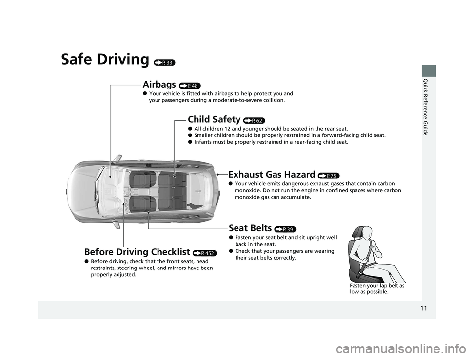 HONDA CR-V 2020  Owners Manual (in English) 11
Quick Reference Guide
Safe Driving (P33)
Airbags (P48)
●Your vehicle is fitted with airbags to help protect you and 
your passengers during a moderate-to-severe collision.
Child Safety (P62)
●A