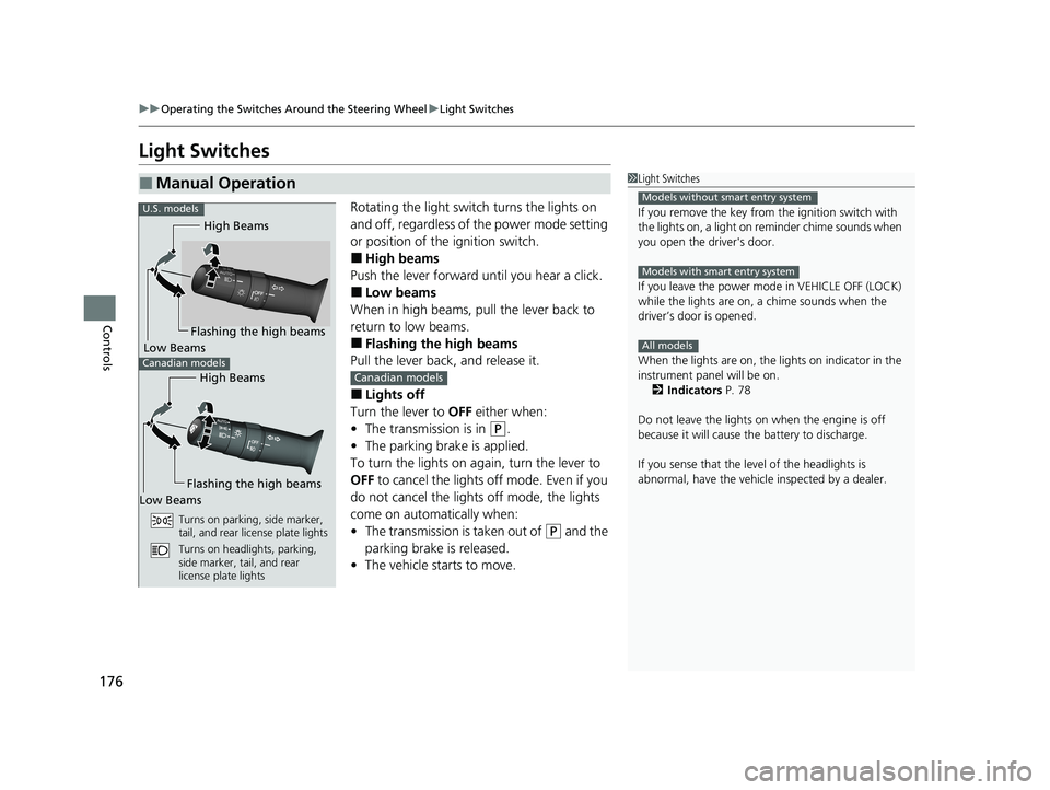 HONDA CR-V 2020 (in English) Owners Guide 176
uuOperating the Switches Around the Steering Wheel uLight Switches
Controls
Light Switches
Rotating the light switch turns the lights on
and off, regardless of the power mode setting
or position HONDA CR-V 2020 (in English) Owners Guide 176
uuOperating the Switches Around the Steering Wheel uLight Switches
Controls
Light Switches
Rotating the light switch turns the lights on
and off, regardless of the power mode setting
or position