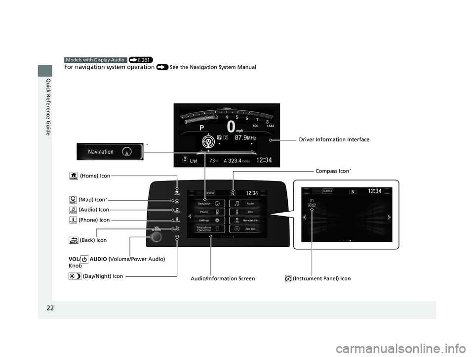 HONDA CR-V 2020  Owners Manual (in English) 22
Quick Reference Guide
 (P261)
For navigation system operation ()  See the Navigation System Manual
Models with Display Audio
 (Audio) Icon
 (Back) Icon
Audio/Information Screen Driver Information I