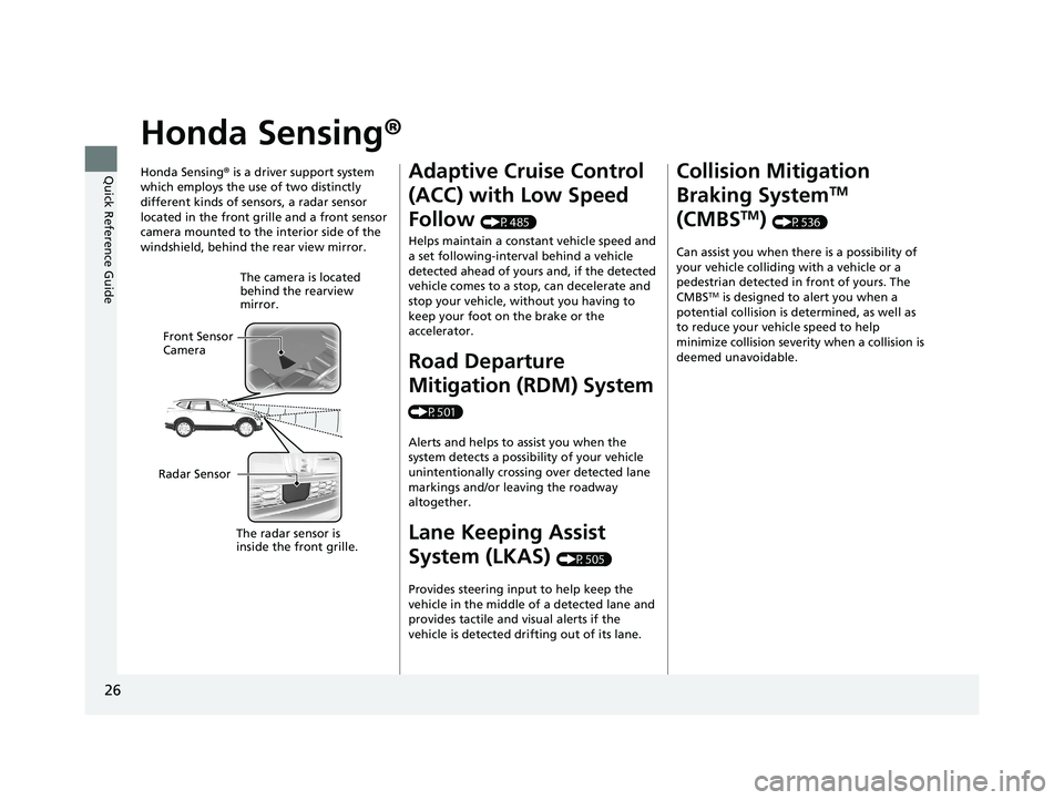 HONDA CR-V 2020  Owners Manual (in English) 26
Quick Reference Guide
Honda Sensing®
Honda Sensing® is a driver support system 
which employs the use of two distinctly 
different kinds of sensors, a radar sensor 
located in the front grille an
