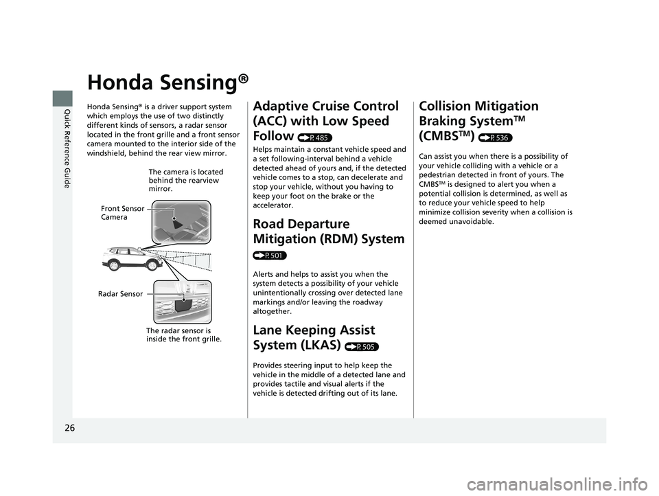 HONDA CR-V 2020 Owners Manual (in English) 26
Quick Reference Guide
Honda Sensing®
Honda Sensing® is a driver support system
which employs the use of two distinctly
different kinds of sensors, a radar sensor
located in the front grille an HONDA CR-V 2020 Owners Manual (in English) 26
Quick Reference Guide
Honda Sensing®
Honda Sensing® is a driver support system
which employs the use of two distinctly
different kinds of sensors, a radar sensor
located in the front grille an
