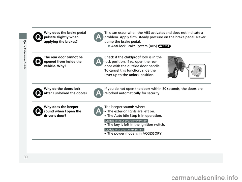 HONDA CR-V 2020 Owners Manual (in English) 30
Quick Reference Guide
Why does the brake pedal
pulsate slightly when
applying the brakes?This can occur when the ABS activates and does not indicate a
problem. Apply firm, steady pressure on the HONDA CR-V 2020 Owners Manual (in English) 30
Quick Reference Guide
Why does the brake pedal
pulsate slightly when
applying the brakes?This can occur when the ABS activates and does not indicate a
problem. Apply firm, steady pressure on the