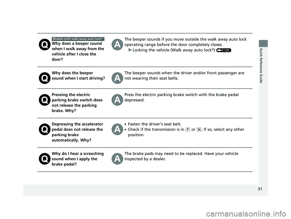 HONDA CR-V 2020  Owners Manual (in English) 31
Quick Reference GuideWhy does a beeper sound 
when I walk away from the 
vehicle after I close the 
door?
The beeper sounds if you move outside the walk away auto lock 
operating range before the d