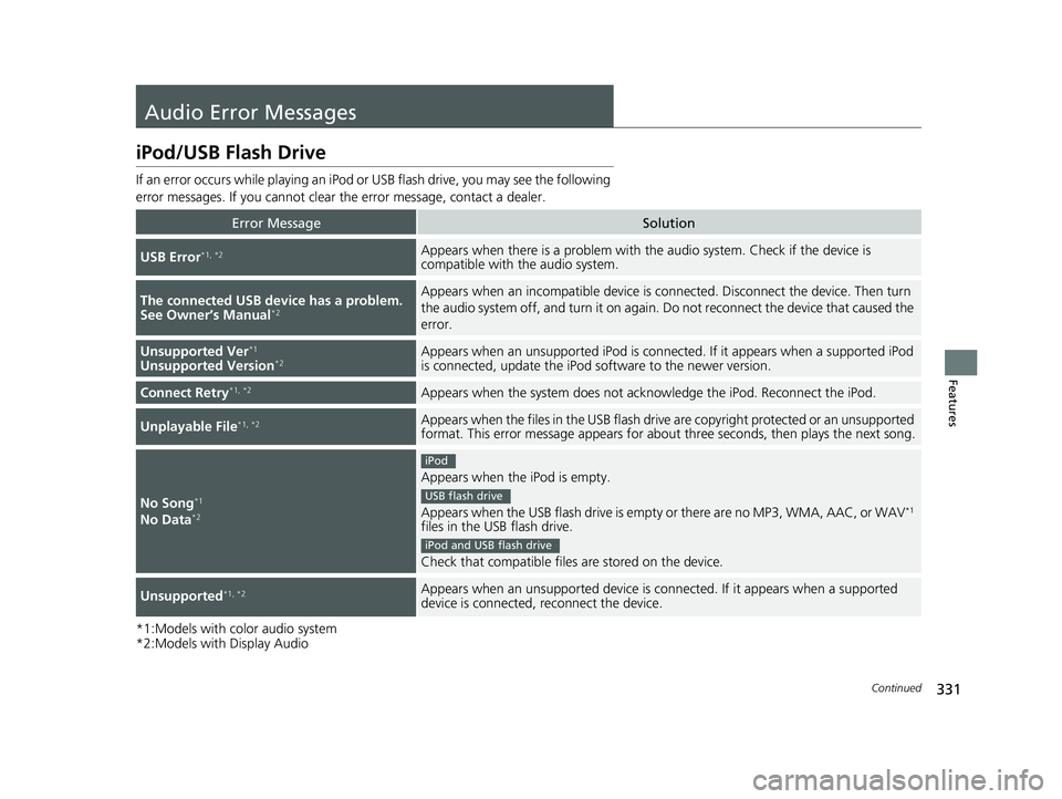 HONDA CR-V 2020 (in English) Manual PDF 331Continued
Features
Audio Error Messages
iPod/USB Flash Drive
If an error occurs while playing an iPod or USB flash drive, you may see the following
error messages. If you cannot clear the error me HONDA CR-V 2020 (in English) Manual PDF 331Continued
Features
Audio Error Messages
iPod/USB Flash Drive
If an error occurs while playing an iPod or USB flash drive, you may see the following
error messages. If you cannot clear the error me