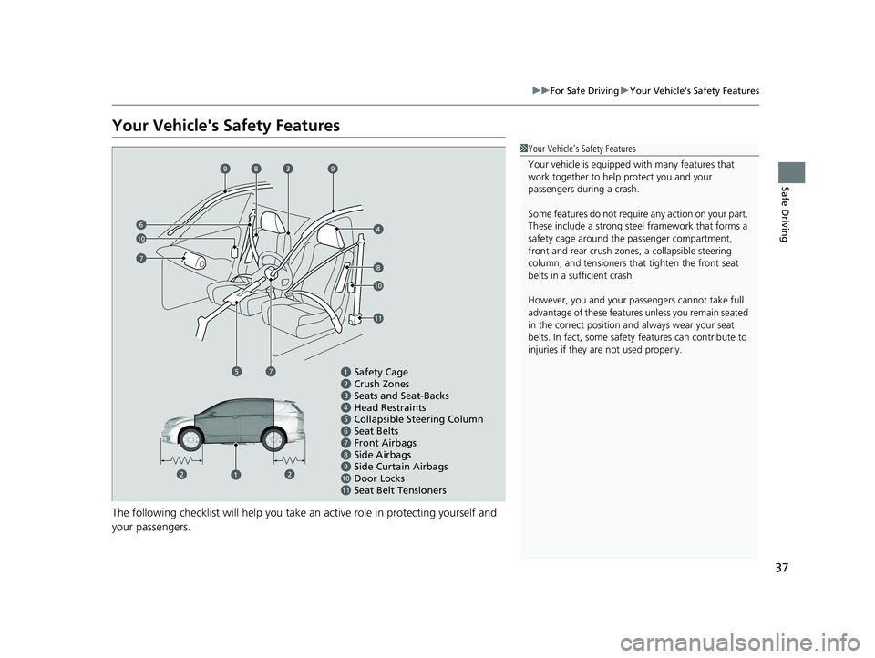 HONDA CR-V 2020  Owners Manual (in English) 37
uuFor Safe Driving uYour Vehicle's Safety Features
Safe Driving
Your Vehicle's Safety Features
The following checklist will help you take an active role in protecting yourself and 
your pas