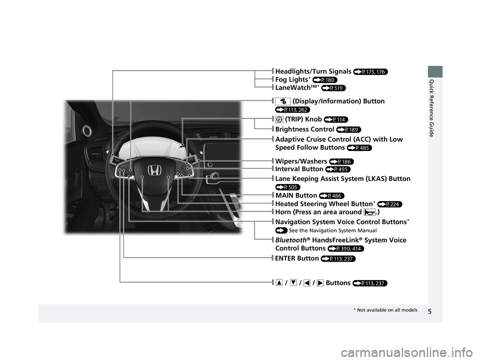 HONDA CR-V 2020 Owners Manual (in English) 5
Quick Reference Guide
❚ (TRIP) Knob (P114)
❚Brightness Control (P189)
❚Navigation System Voice Control Buttons*
() See the Navigation System Manual
❚Bluetooth ® HandsFreeLink ® System Voi HONDA CR-V 2020 Owners Manual (in English) 5
Quick Reference Guide
❚ (TRIP) Knob (P114)
❚Brightness Control (P189)
❚Navigation System Voice Control Buttons*
() See the Navigation System Manual
❚Bluetooth ® HandsFreeLink ® System Voi
