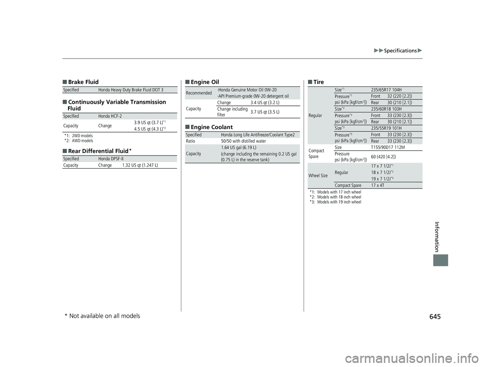 HONDA CR-V 2020  Owners Manual (in English) 645
uuSpecifications u
Information
■
Brake Fluid
■ Continuously Variable Transmission 
Fluid
*1: 2WD models
*2: AWD models
■ Rear Differential Fluid*
SpecifiedHonda Heavy Duty Brake Fluid DOT 3
