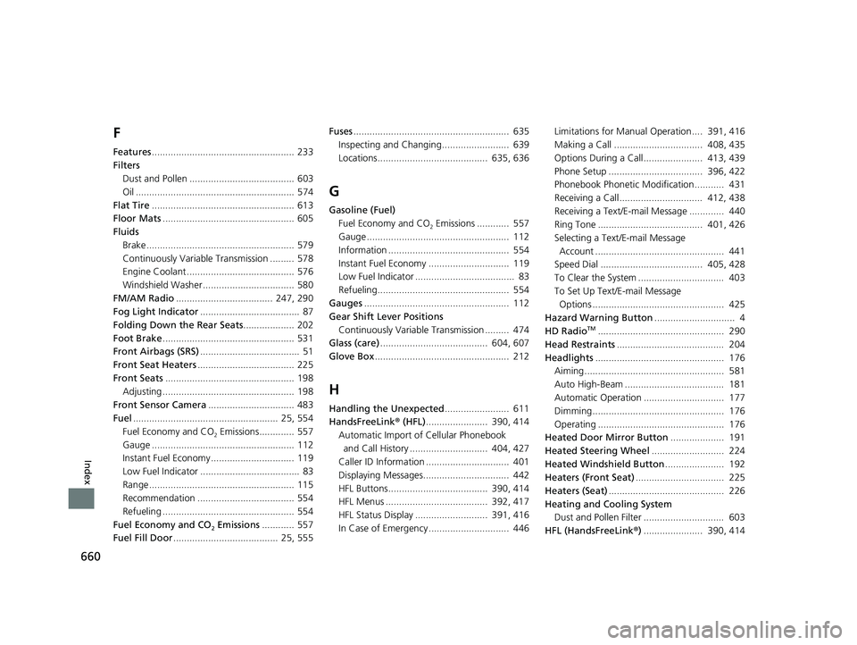 HONDA CR-V 2020  Owners Manual (in English) 660
Index
F
Features..................................................... 233
Filters Dust and Pollen ....................................... 603
Oil ..................................................