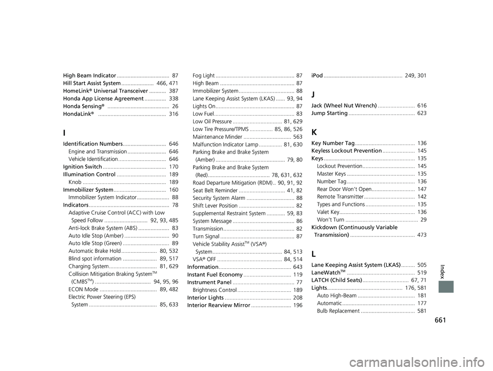 HONDA CR-V 2020  Owners Manual (in English) 661
Index
High Beam Indicator..................................  87
Hill Start Assist System .....................  466, 471
HomeLink ® Universal Transceiver ...........  387
Honda App License Agreem