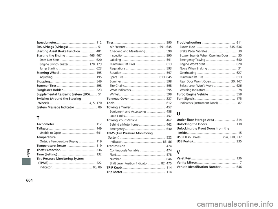 HONDA CR-V 2020  Owners Manual (in English) 664
Index
Speedometer............................................. 112
SRS Airbags (Airbags) .................................  51
Starting Assist Brake Function ................. 481
Starting the Eng