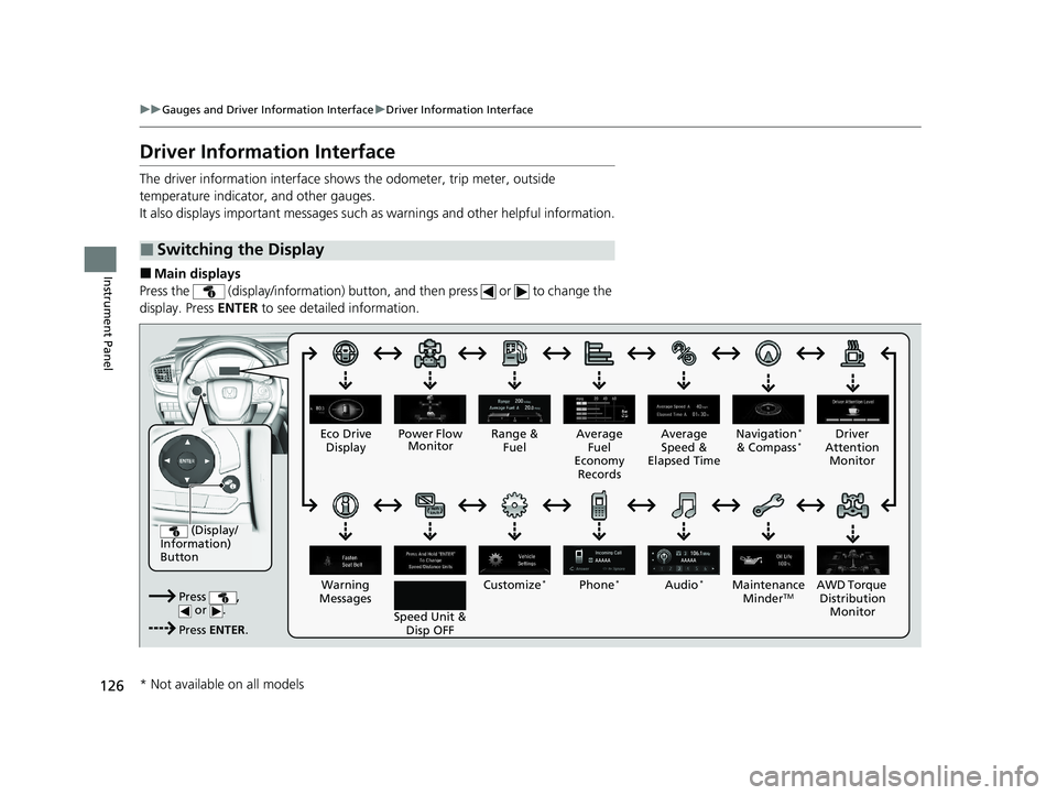 HONDA CR-V HYBRID 2020 Owners Manual (in English) 126
uuGauges and Driver Information Interface uDriver Information Interface
Instrument Panel
Driver Information Interface
The driver information interface shows the odometer, trip meter, outside
temp HONDA CR-V HYBRID 2020 Owners Manual (in English) 126
uuGauges and Driver Information Interface uDriver Information Interface
Instrument Panel
Driver Information Interface
The driver information interface shows the odometer, trip meter, outside
temp